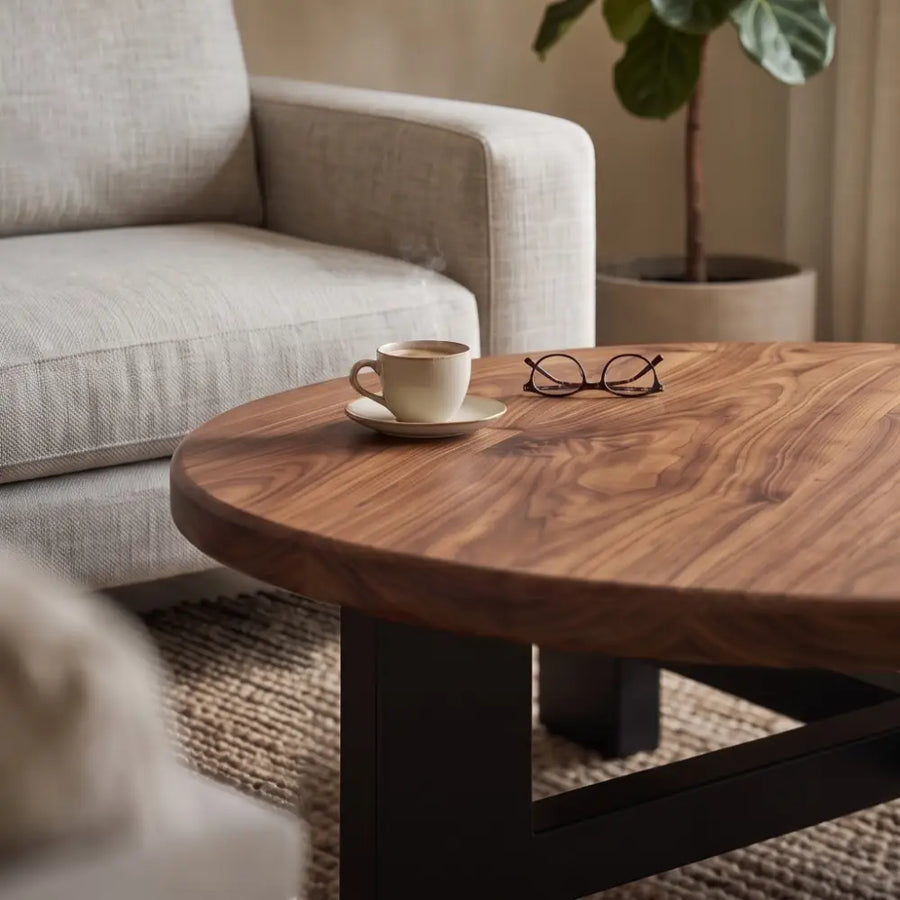 Harlow Walnut Round Coffee Table | Farmhouse Rustic Style