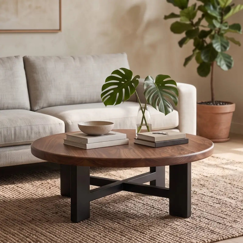 Harlow Walnut Round Coffee Table | Farmhouse Rustic Style