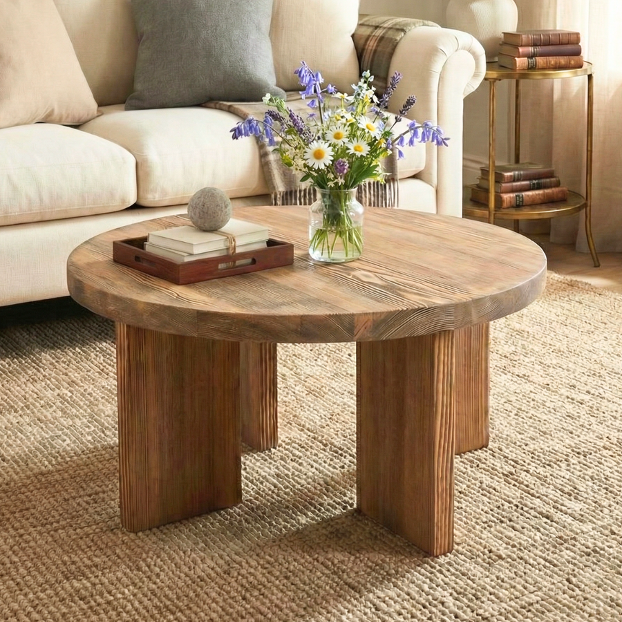 Huma Farmhouse Round Wood Coffee Table Mozilya