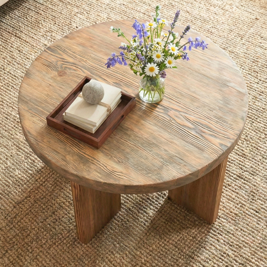 Huma Farmhouse Round Wood Coffee Table Mozilya