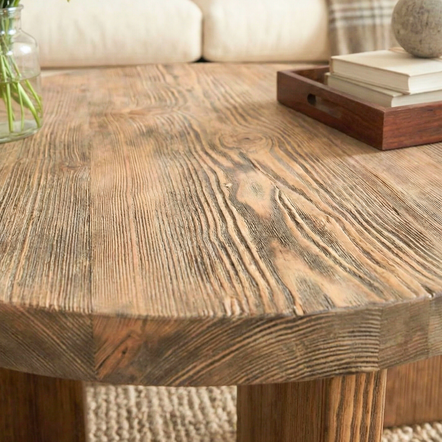Huma Farmhouse Round Wood Coffee Table Mozilya