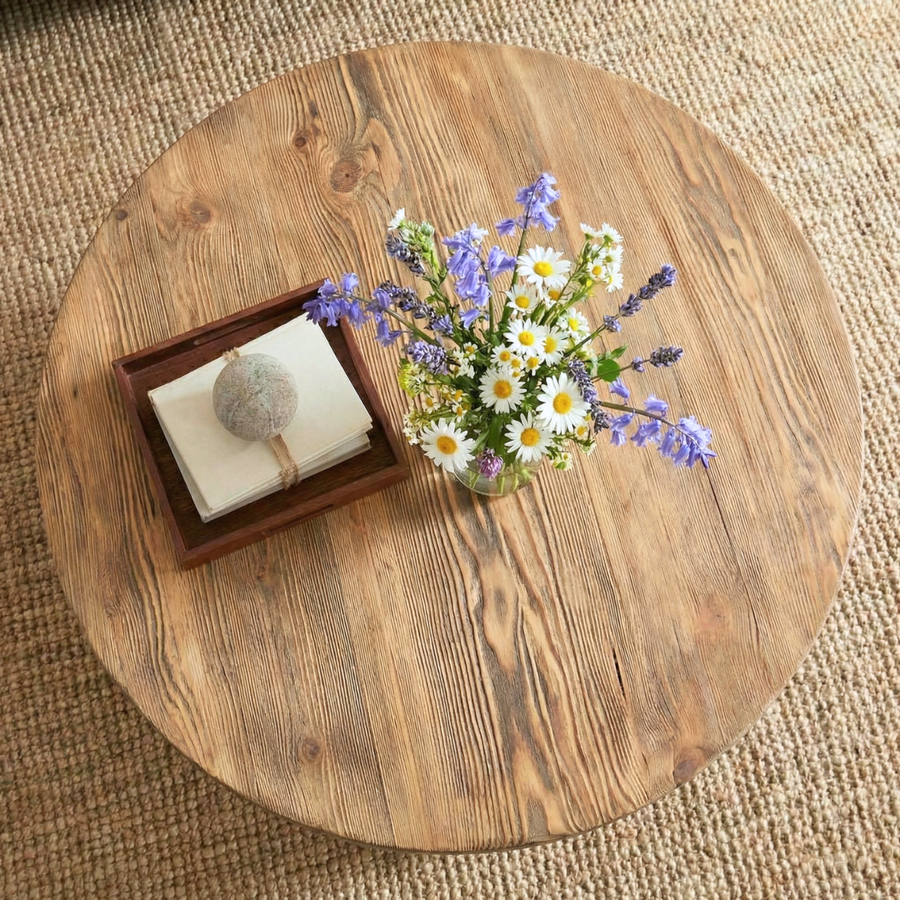 Huma Farmhouse Round Wood Coffee Table Mozilya