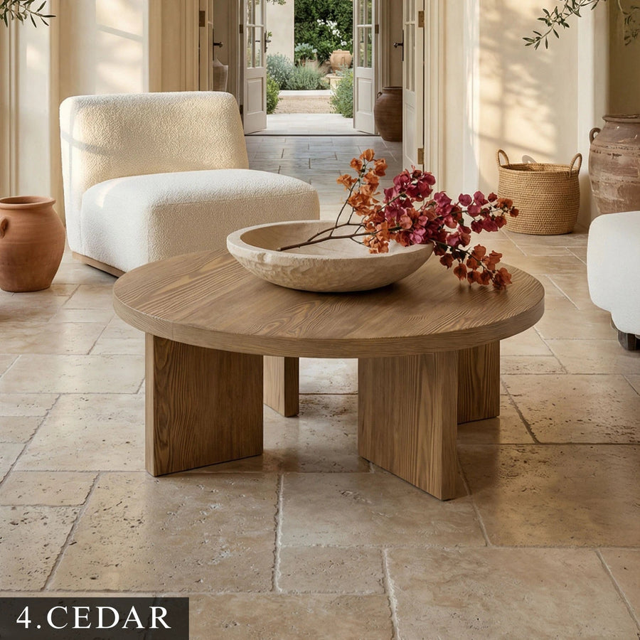 Huma Farmhouse Round Wood Coffee Table Mozilya