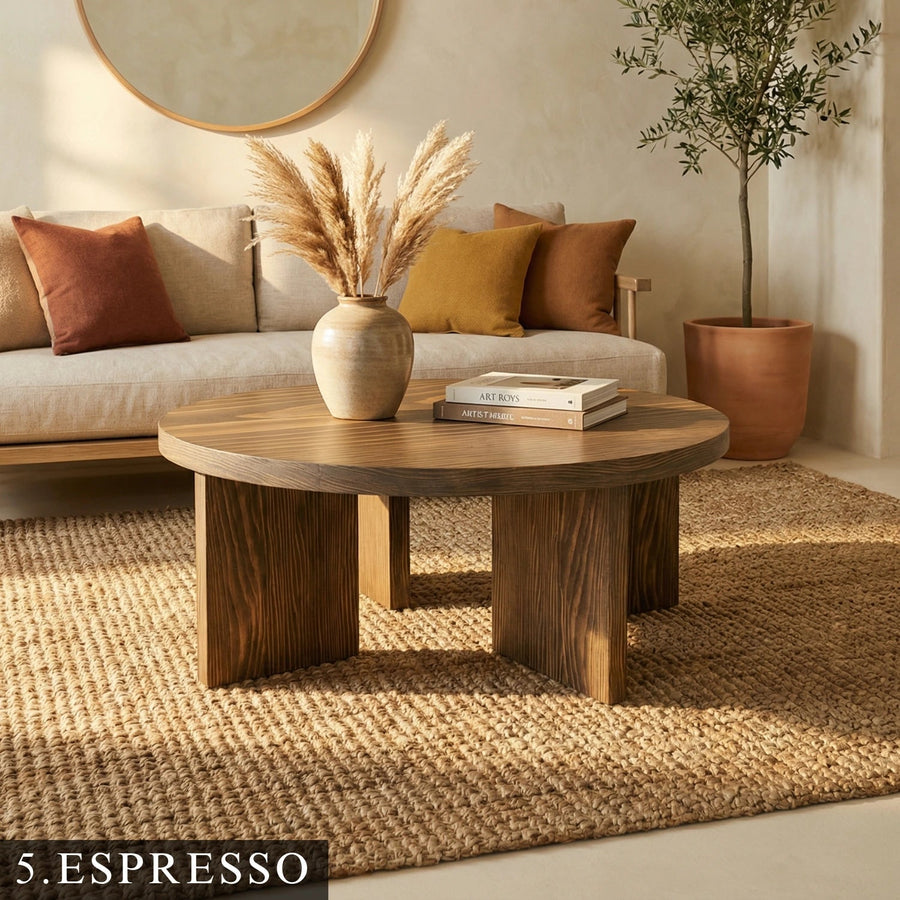 Huma Farmhouse Round Wood Coffee Table Mozilya
