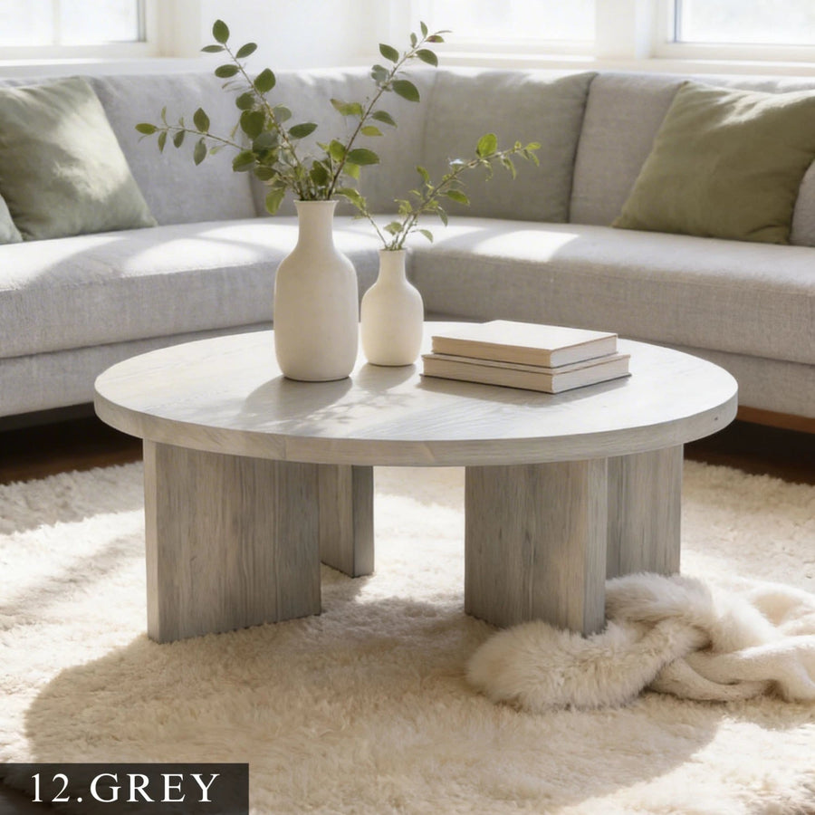 Huma Farmhouse Round Wood Coffee Table Mozilya