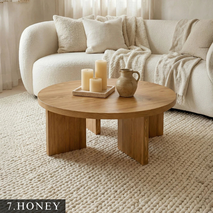 Huma Farmhouse Round Wood Coffee Table Mozilya