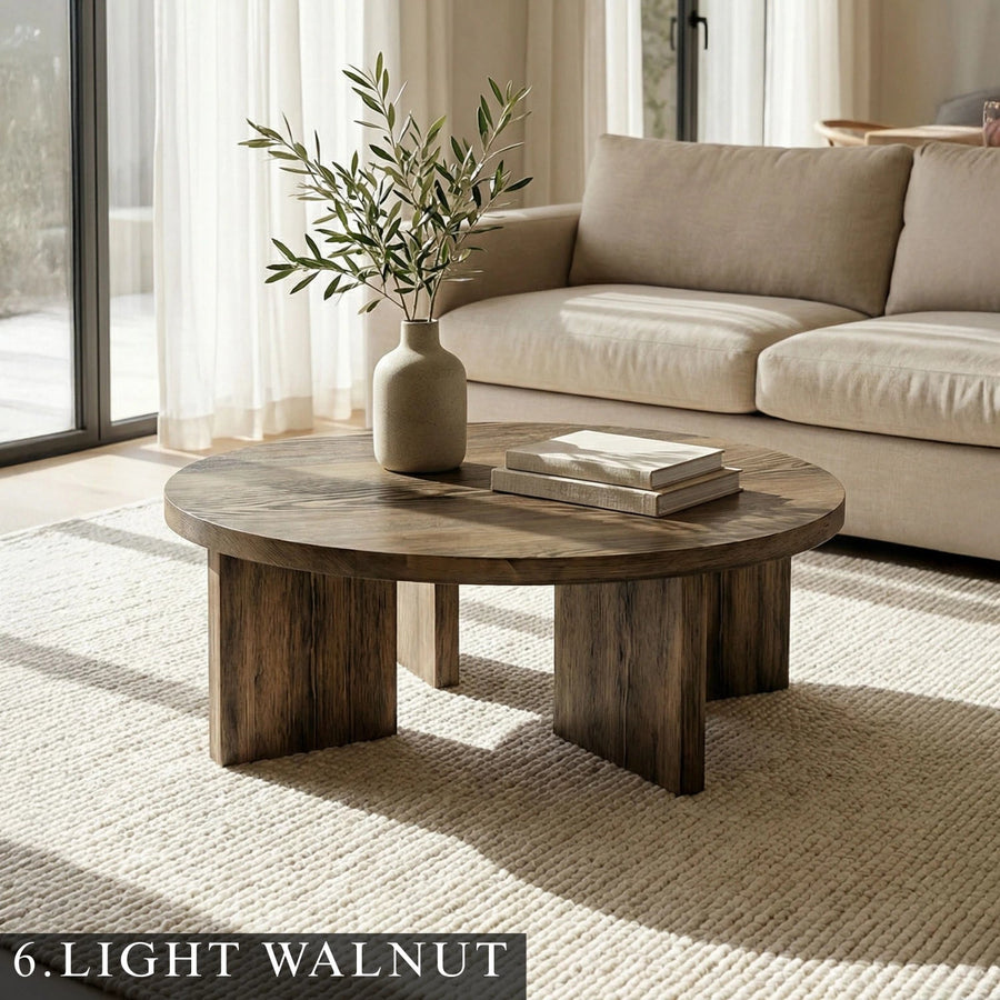 Huma Farmhouse Round Wood Coffee Table Mozilya