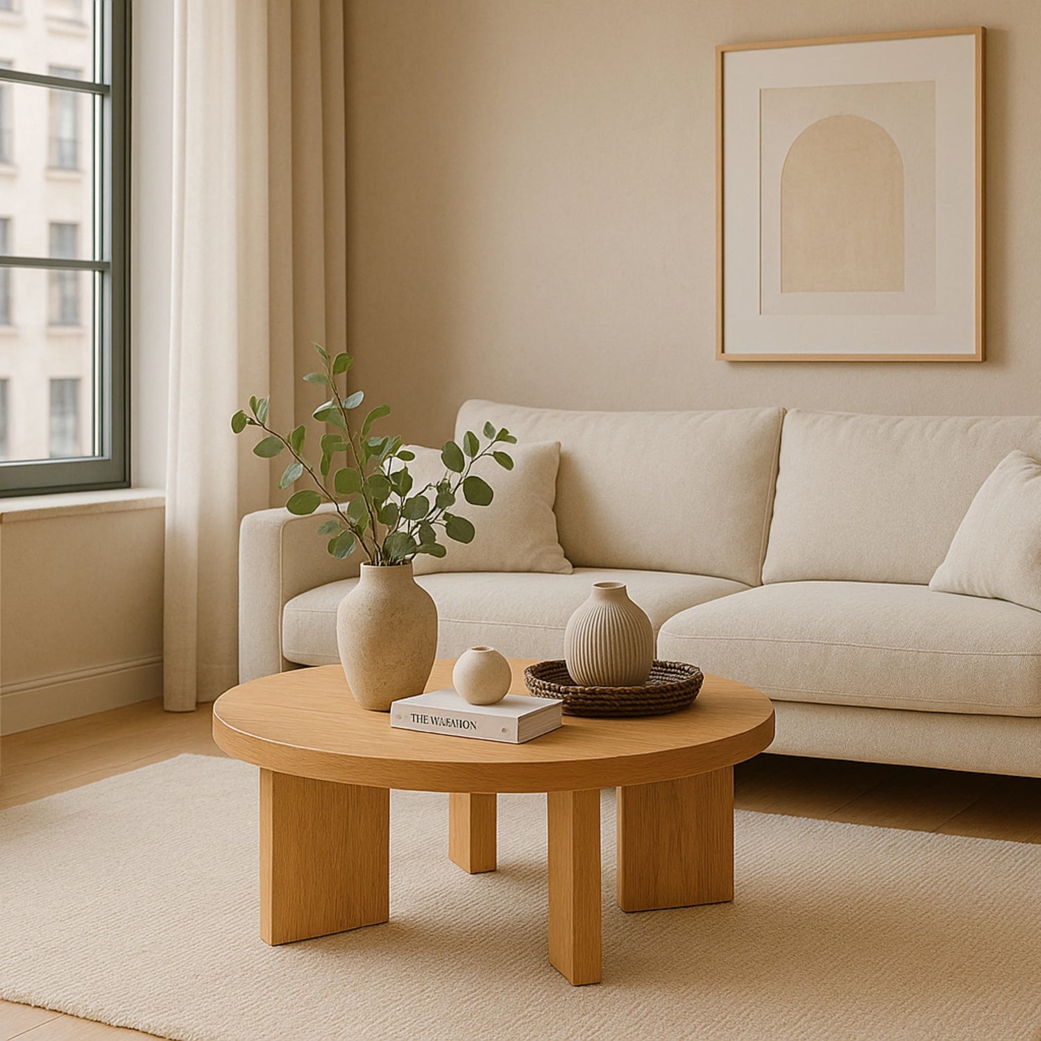 Huma Minimalist Round Wood Coffee Table in solid beech wood