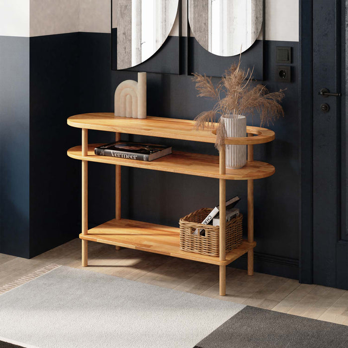 Front view of the Kennard modern entryway table featuring sleek beech wood design and minimalist lines, ideal for modern entryways.