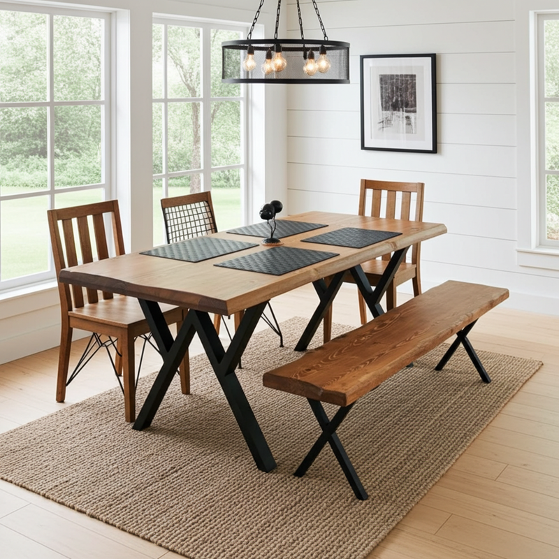 Kent Rustic Dining Table | Pine Wood Farmhouse Design in a bright, modern farmhouse dining room. The table has a natural wood top with black metal X-shaped legs, accompanied by four wooden chairs, a matching wooden bench, and four dark slate placemats on a woven jute rug.