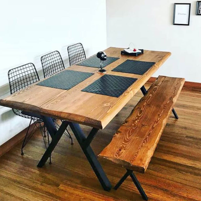 Beautiful rustic dining table crafted from solid pine wood, showcasing its natural grain and unique craftsmanship