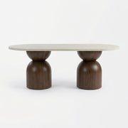 Koffel Oval Travertine Coffee Table with Walnut Wood Base - Sculptural Organic Modern Design Straight-On Studio View by Tomruque