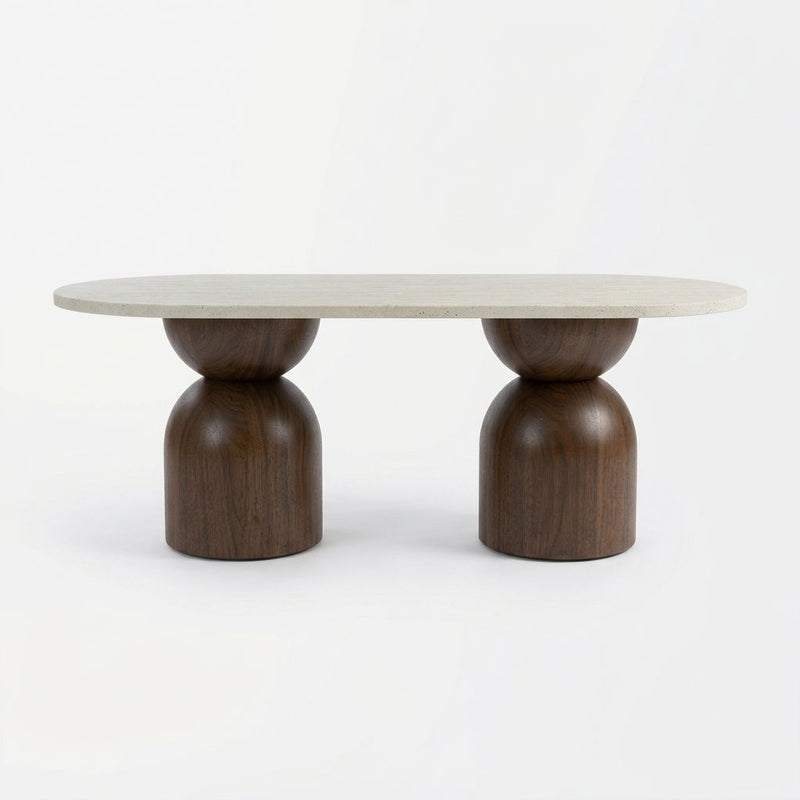 Koffel Oval Travertine Coffee Table with Walnut Wood Base - Sculptural Organic Modern Design Straight-On Studio View by Tomruque