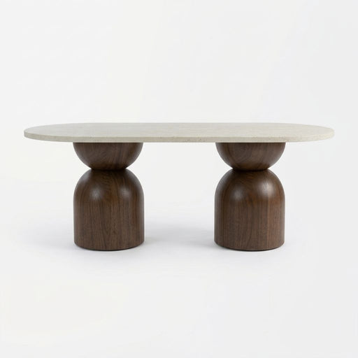 Koffel Oval Travertine Coffee Table with Walnut Wood Base - Sculptural Organic Modern Design Straight-On Studio View by Tomruque