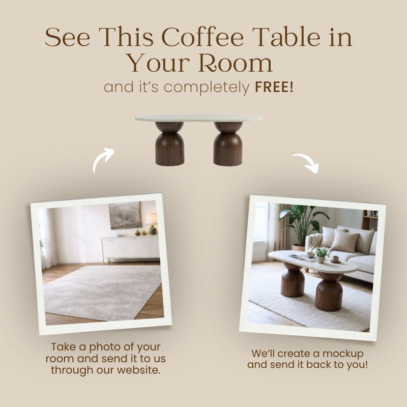 Free Virtual Room Visualizer Banner for Koffel Oval Travertine Coffee Table with Walnut Wood Base - Sculptural Organic Modern Design by Tomruque