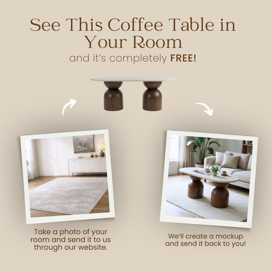 Free Virtual Room Visualizer Banner for Koffel Oval Travertine Coffee Table with Walnut Wood Base - Sculptural Organic Modern Design by Tomruque