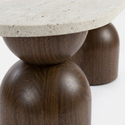 Macro Close-Up of Sculptural Stacked Walnut Wooden Base and Travertine Stone Top on Koffel Oval Coffee Table - Organic Modern Design by Tomruque