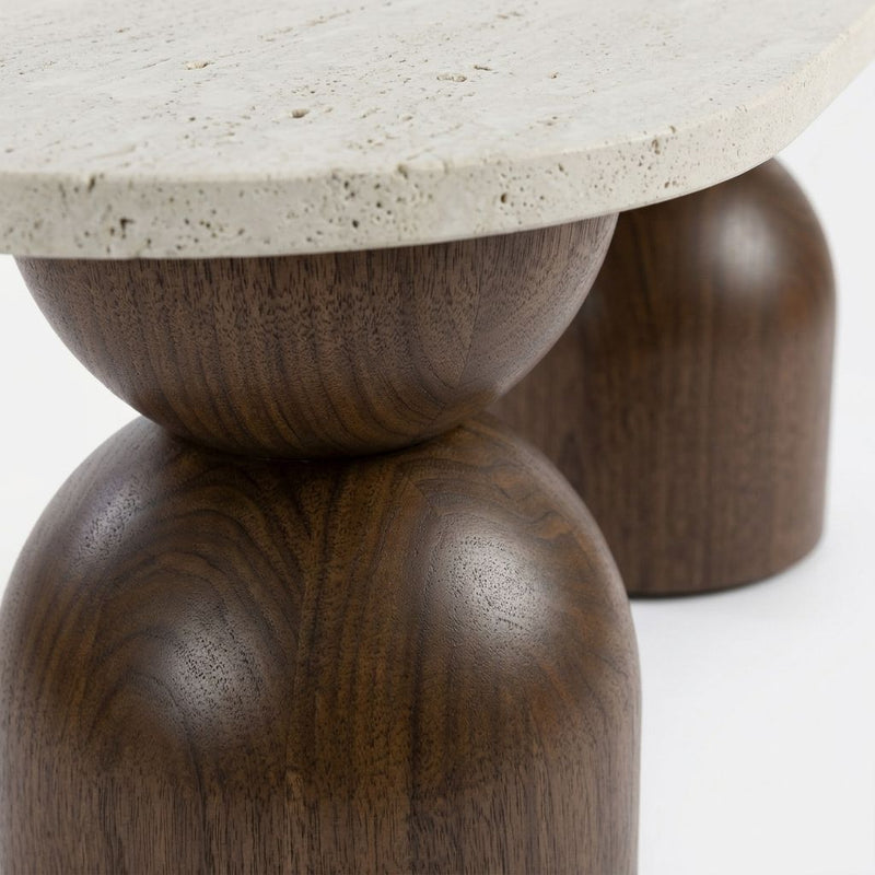 Macro Close-Up of Sculptural Stacked Walnut Wooden Base and Travertine Stone Top on Koffel Oval Coffee Table - Organic Modern Design by Tomruque