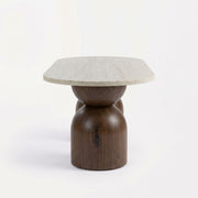 Koffel Oval Travertine Coffee Table with Walnut Wood Base - Sculptural Organic Modern Design Side Studio View by Tomruque