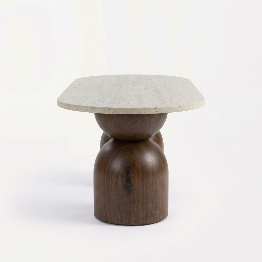 Koffel Oval Travertine Coffee Table with Walnut Wood Base - Sculptural Organic Modern Design Side Studio View by Tomruque