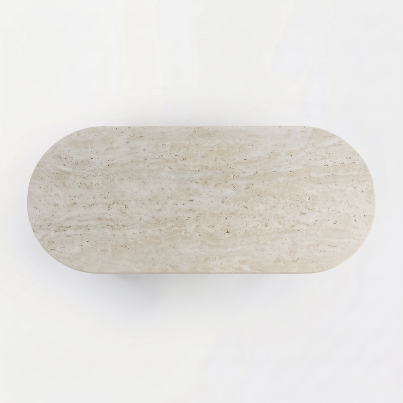 Top-Down View of Travertine Stone Top Surface on Koffel Oval Coffee Table - Organic Modern Design by Tomruque