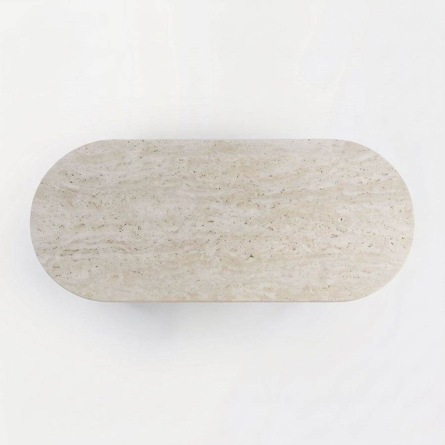 Top-Down View of Travertine Stone Top Surface on Koffel Oval Coffee Table - Organic Modern Design by Tomruque