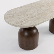 High-Angle Perspective View of Travertine Top Surface and Sculptural Walnut Base on Koffel Oval Coffee Table - Organic Modern Design by Tomruque