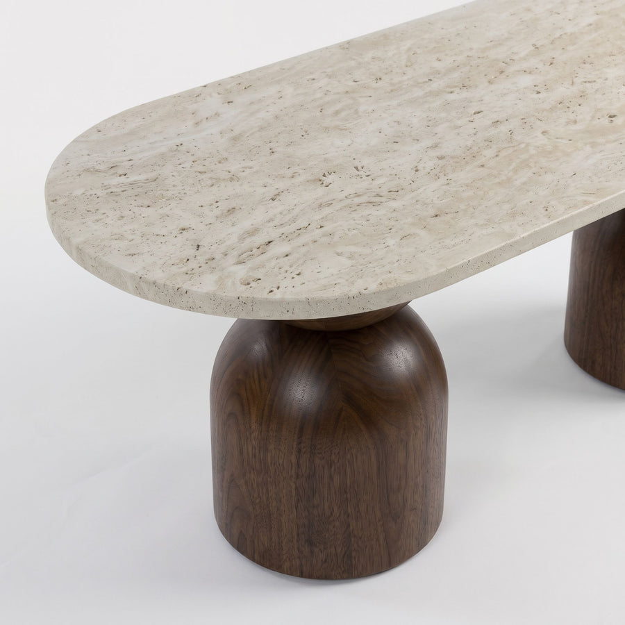 High-Angle Perspective View of Travertine Top Surface and Sculptural Walnut Base on Koffel Oval Coffee Table - Organic Modern Design by Tomruque