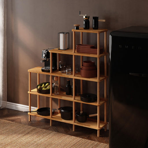 Minimalist stair bookcase design with 5-tier shelving, ideal for compact and stylish interiors.