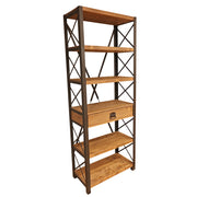 Close-up of the Locke Narrow Bookshelf’s wooden shelves and sturdy metal frame, highlighting its industrial design.