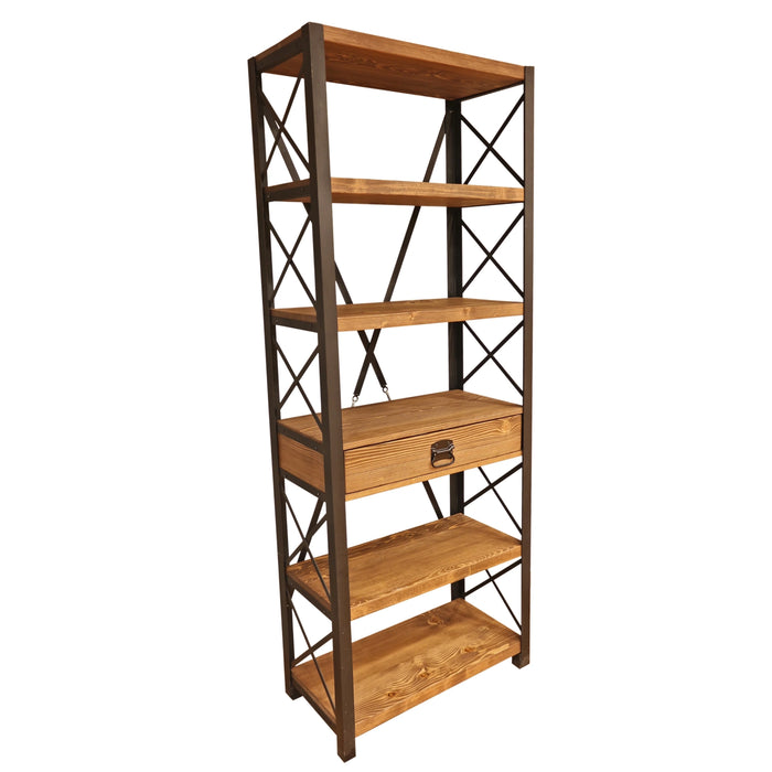 Close-up of the Locke Narrow Bookshelf’s wooden shelves and sturdy metal frame, highlighting its industrial design.