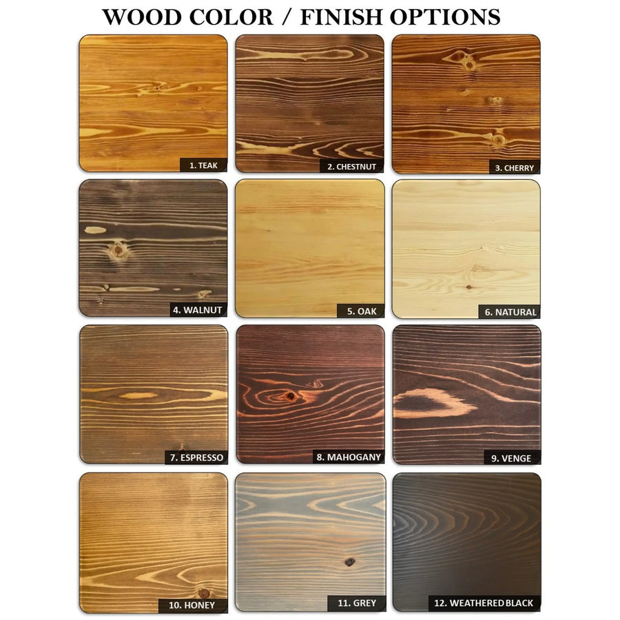 Solid wood furniture finish options featuring a variety of color finishes like teak, chestnut, cherry, natural, walnut, oak, espresso, mahogany, venge, honey, grey, and black weathered, showcasing its adaptability for any style.