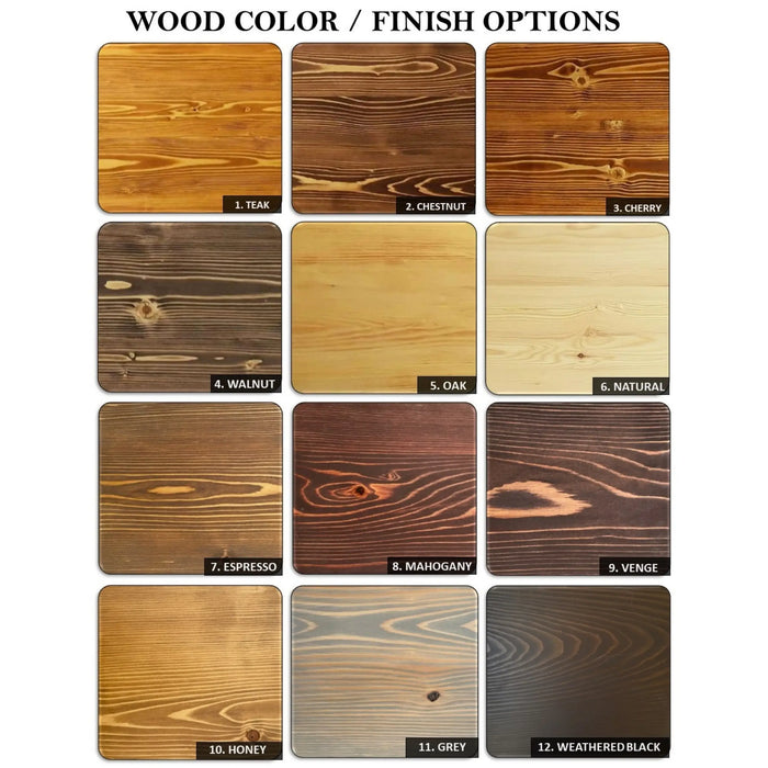 Solid wood furniture finish options featuring a variety of color finishes like teak, chestnut, cherry, natural, walnut, oak, espresso, mahogany, venge, honey, grey, and black weathered, showcasing its adaptability for any style.