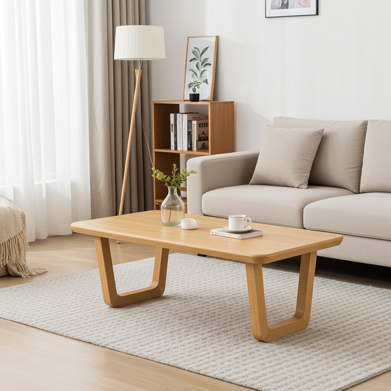 Lucia Solid Beech Wood Rectangular Coffee Table with sculptural angled legs in a modern living room setting, styled with a small vase of greenery, a white cup, and a coaster on a textured rug.