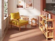 The Wood Small End Table placed in a modern living room setting, complementing a cozy space.