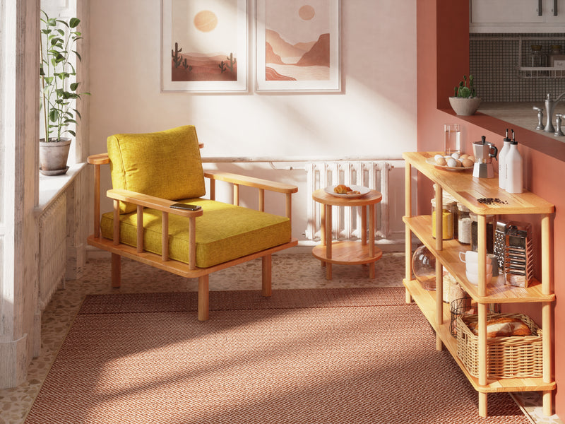 The Wood Small End Table placed in a modern living room setting, complementing a cozy space.