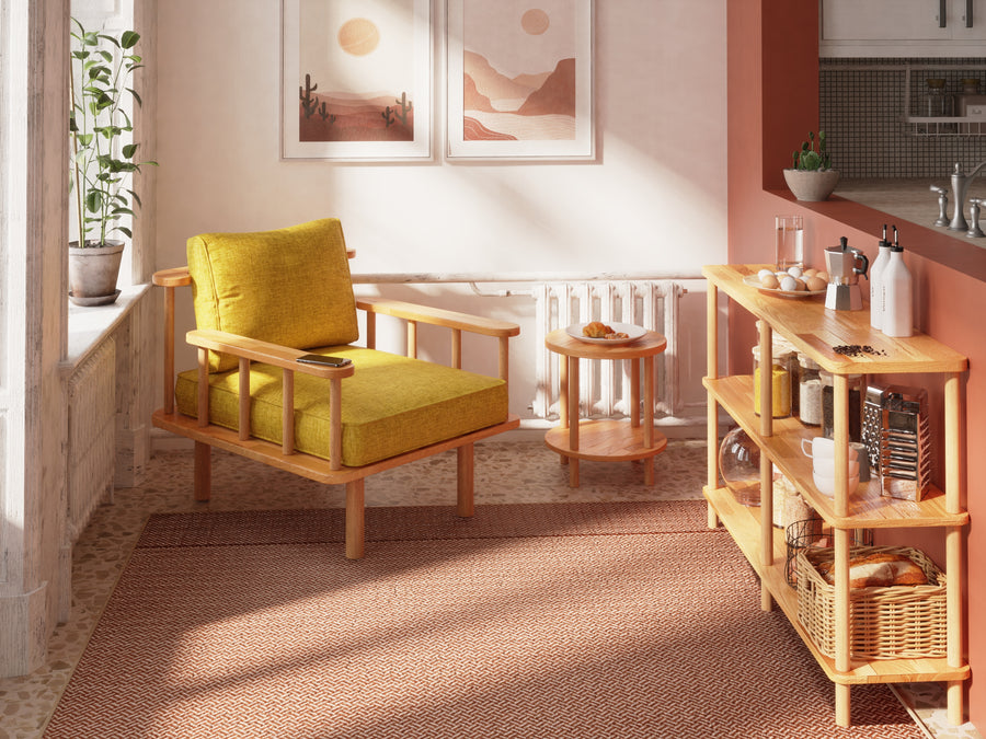 The Wood Small End Table placed in a modern living room setting, complementing a cozy space.