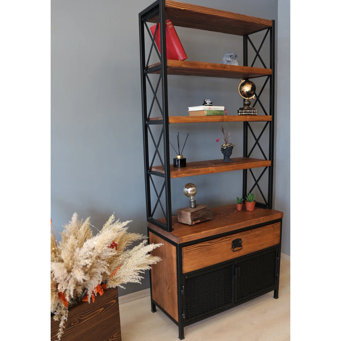 Top-down view of the Madison Bookcase, illustrating the arrangement of the shelves and cabinet