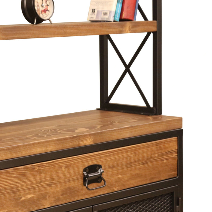 Angled view of the Madison Bookcase with Cabinet, highlighting its blend of wood and iron elements