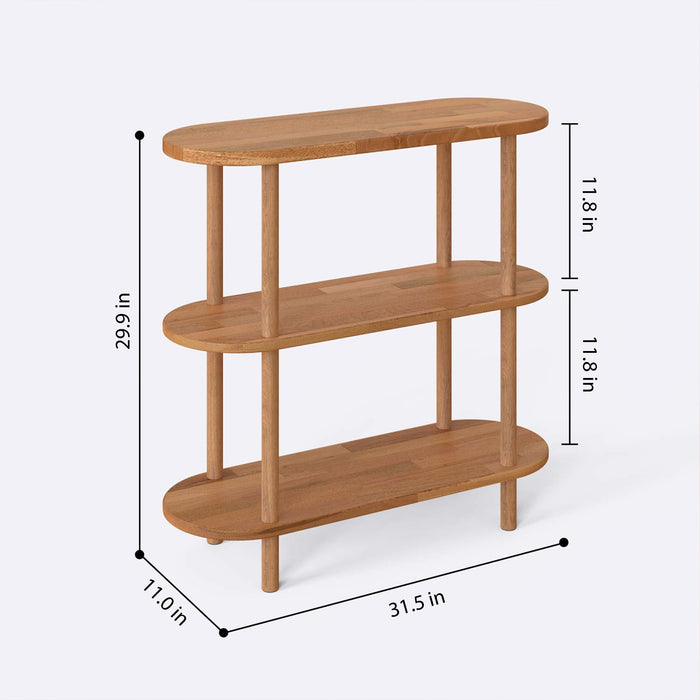 The Malibu Living Room Bookshelf fully assembled, showcasing its three shelves and elegant wood design.