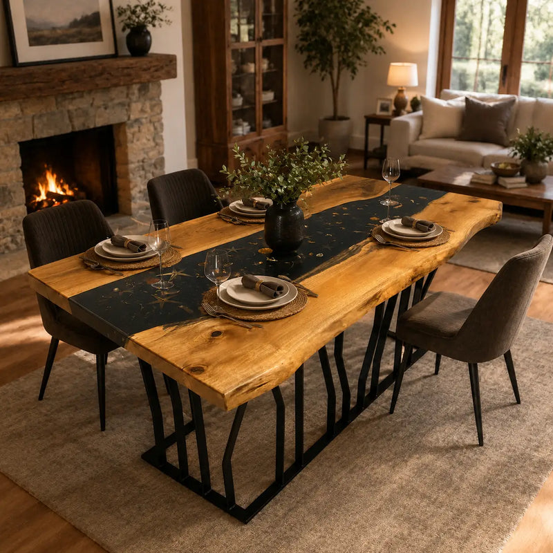 Marina Walnut Wood Live Edge Epoxy River Dining Table