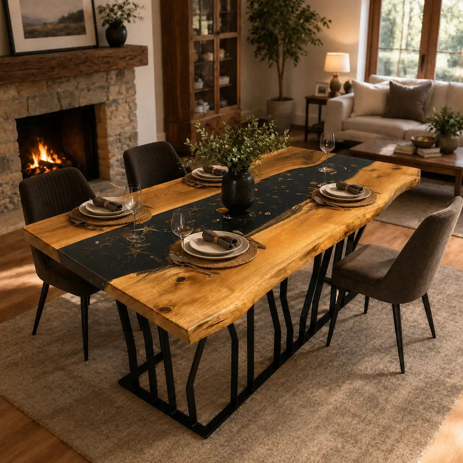 Marina Walnut Wood Live Edge Epoxy River Dining Table Mozilya