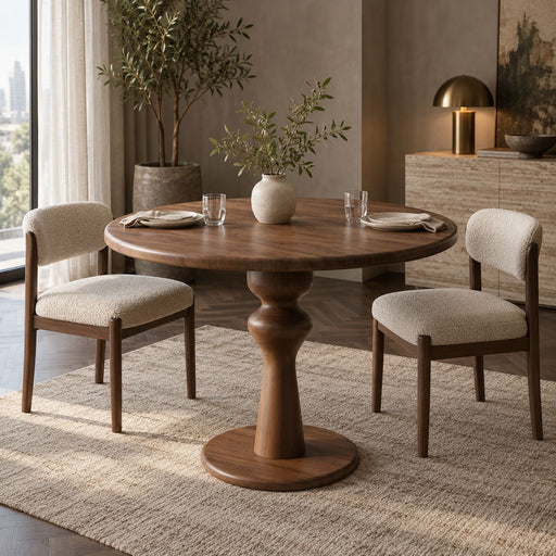 Mason round wooden dining table with a turned pedestal base, accompanied by two upholstered wooden chairs in a styled dining room setting.