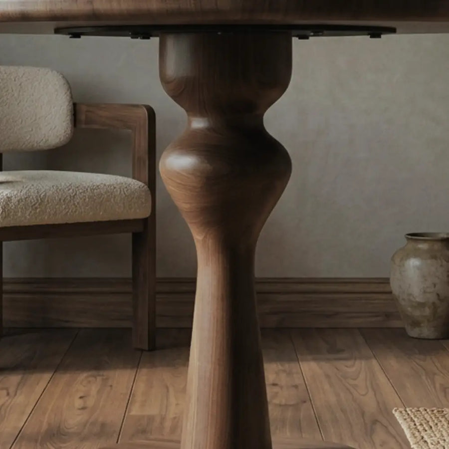Mason Solid Walnut Round Dining Table | Sculptural Pedestal Base