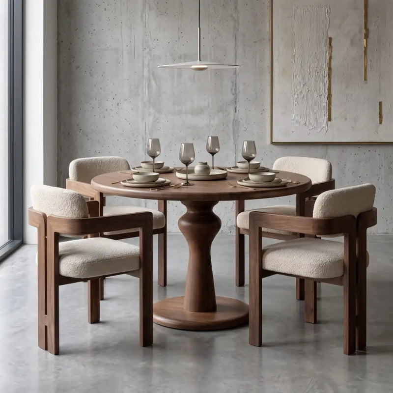 Mason Solid Walnut Round Dining Table | Sculptural Pedestal Base