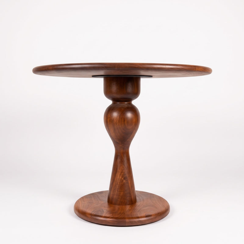 Mason Solid Walnut Round Pedestal Dining Table | Sculptural Base
 with a glossy dark brown finish, featuring a flared base and a decorative swan-neck style pedestal, photographed against a seamless white background.