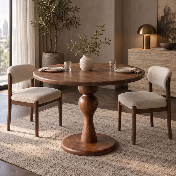 Mason Solid Walnut Round Pedestal Dining Table | Sculptural Base photo in a dining room with two chairs