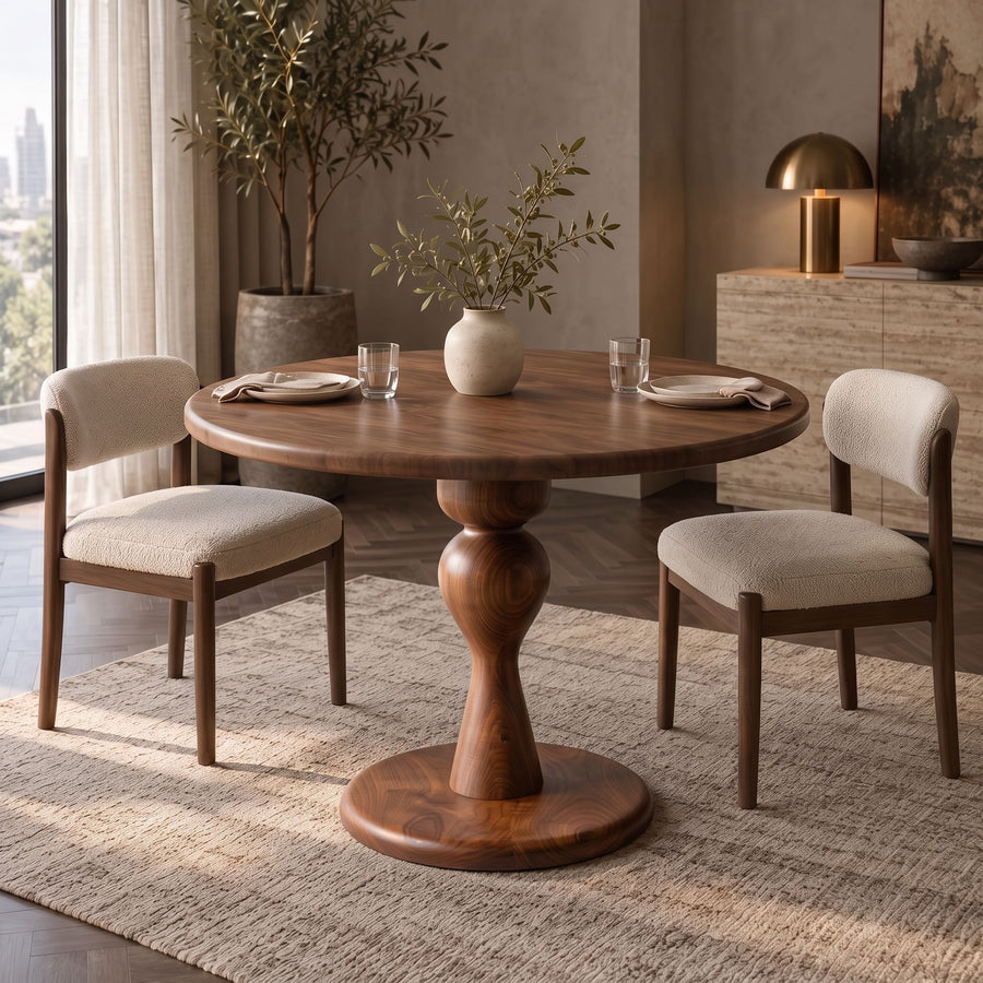 Mason Solid Walnut Round Pedestal Dining Table | Sculptural Base photo in a dining room with two chairs