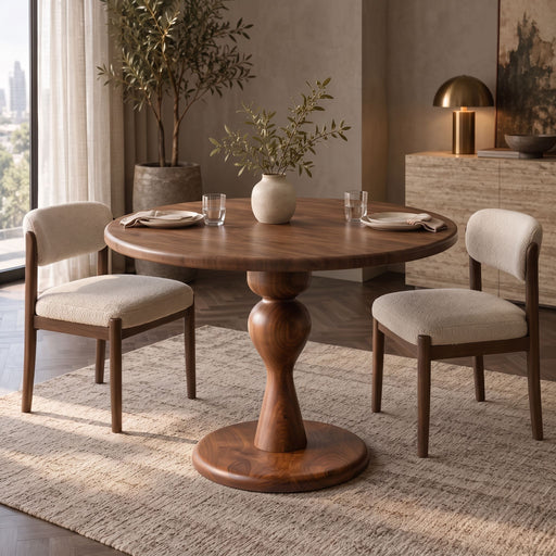 Mason Solid Walnut Round Pedestal Dining Table | Sculptural Base photo in a dining room with two chairs