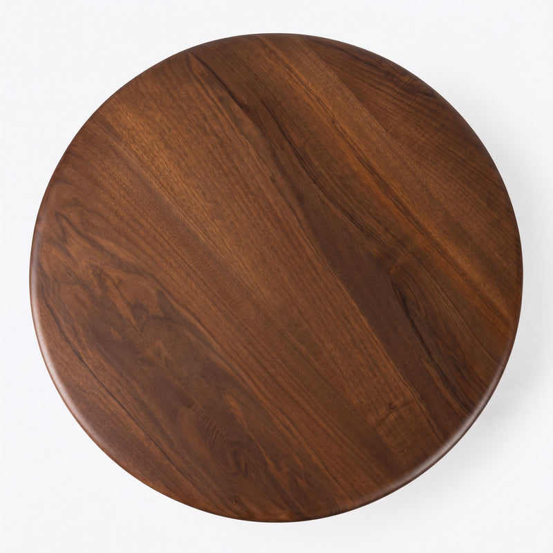 Mason Solid Walnut Round Pedestal Dining Table | Sculptural Base
 with a rich dark brown wood grain finish, photographed from directly above on a clean white background.